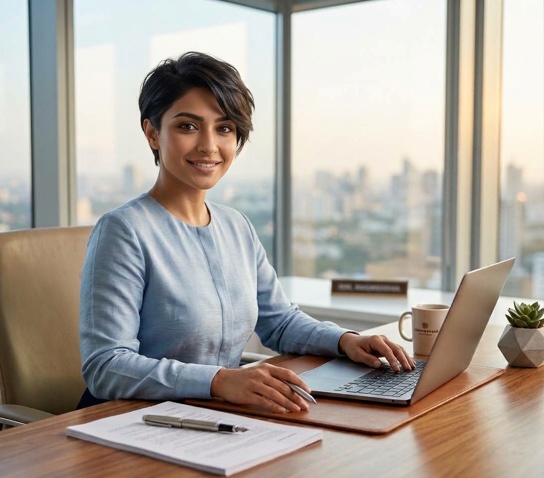 Indian banking professional at her desk
